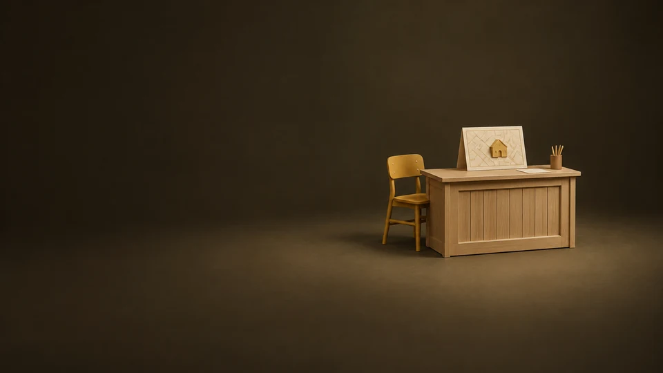 A small oak registration desk and ochre chair with an abstract neighborhood map, blank card and pencil cup.