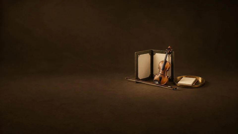A violin and bow in front of a blank open portfolio, beside a brass tray with a blank booklet and pencil.