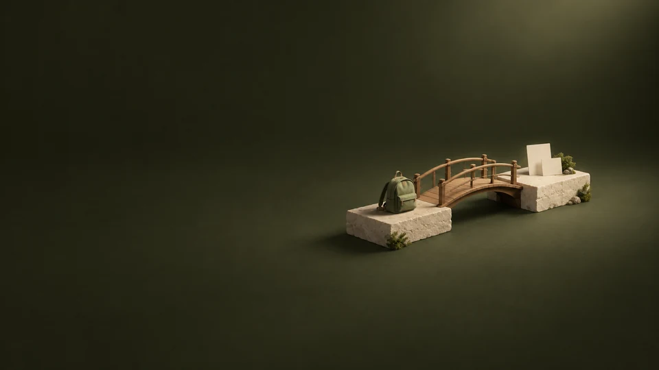 A small wooden bridge between stone platforms with a sage backpack and two blank program cards.