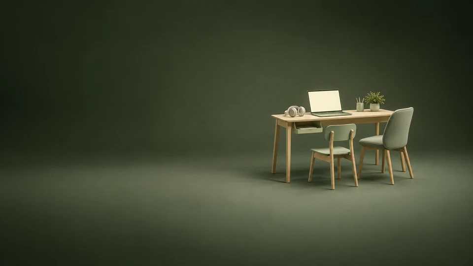 An oak home-learning desk with a blank-screen laptop, cream headphones and two empty chairs of different sizes.