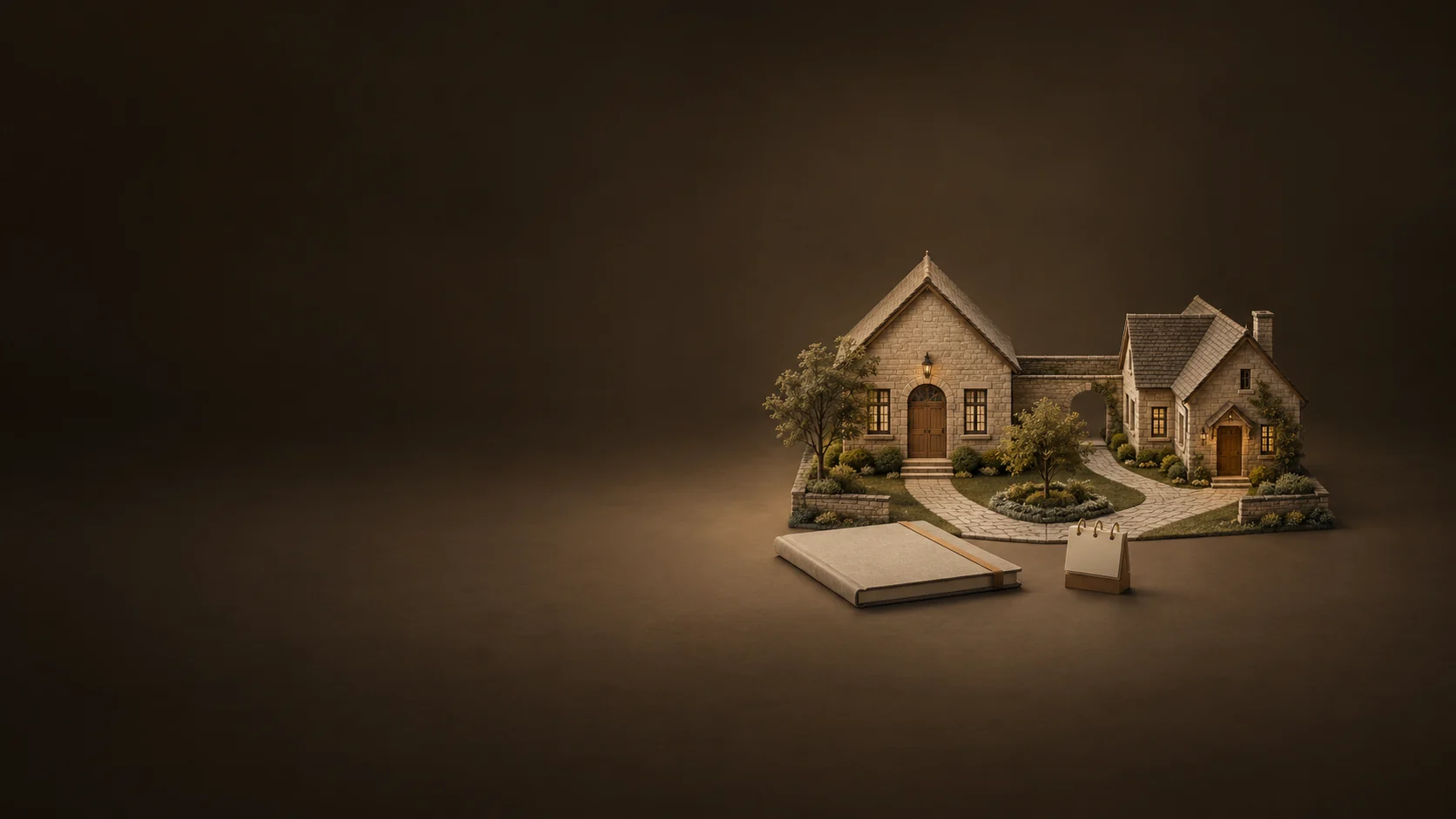 A fictional stone-school courtyard model with two paths, a closed linen dossier and a blank calendar.