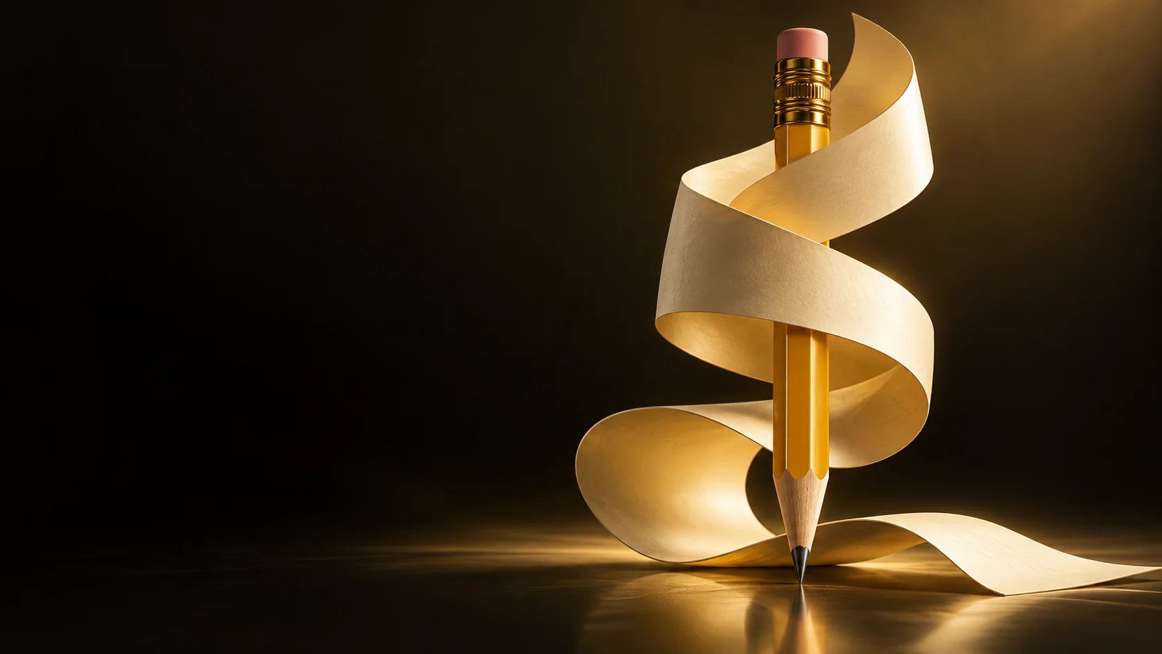 Gold pencil wrapped in a curling cream paper ribbon.
