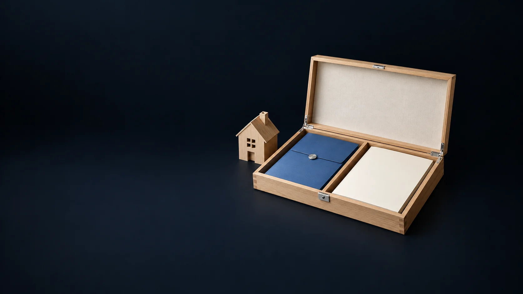 An open two-compartment oak document case with blue and ivory folios beside a wooden house model.