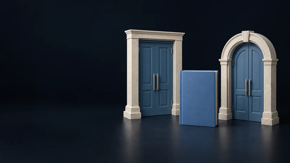 Two complete stone doorways with rectangular and arched frames beside a blank blue folio.