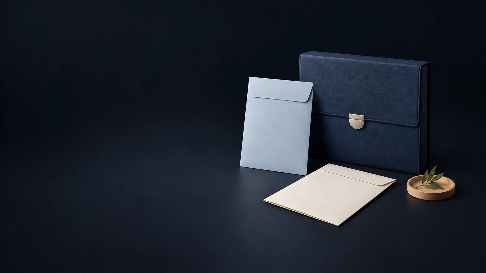 Two closed pale document sleeves beside a navy clasp folio and a small wood dish with leaves.