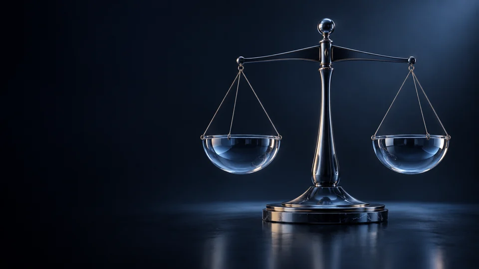 Polished metal balance with two glass pans on a dark stone base.