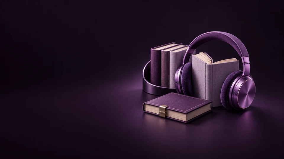 Violet headphones surround an open book beside a curved shelf of blank volumes and a separate clasped title.