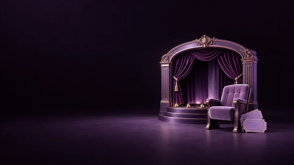 A miniature violet theater arch with velvet curtains, an upholstered seat and blank tickets.
