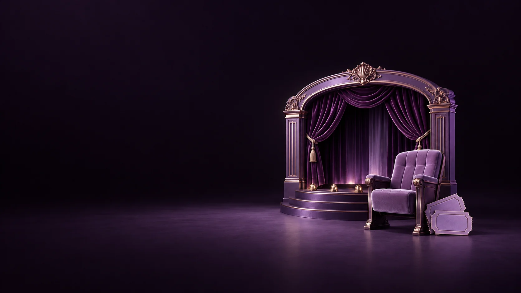 A miniature violet theater arch with velvet curtains, an upholstered seat and blank tickets.