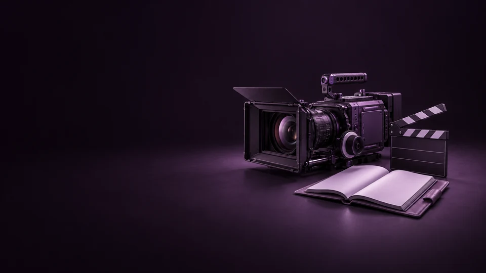 A violet cinema camera with a matte box and handle beside a blank clapperboard and open script folio.