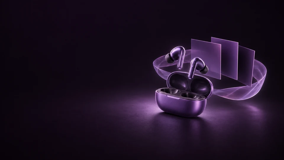 Violet wireless earphones above an open case beside blank album-like panels and a translucent ribbon.