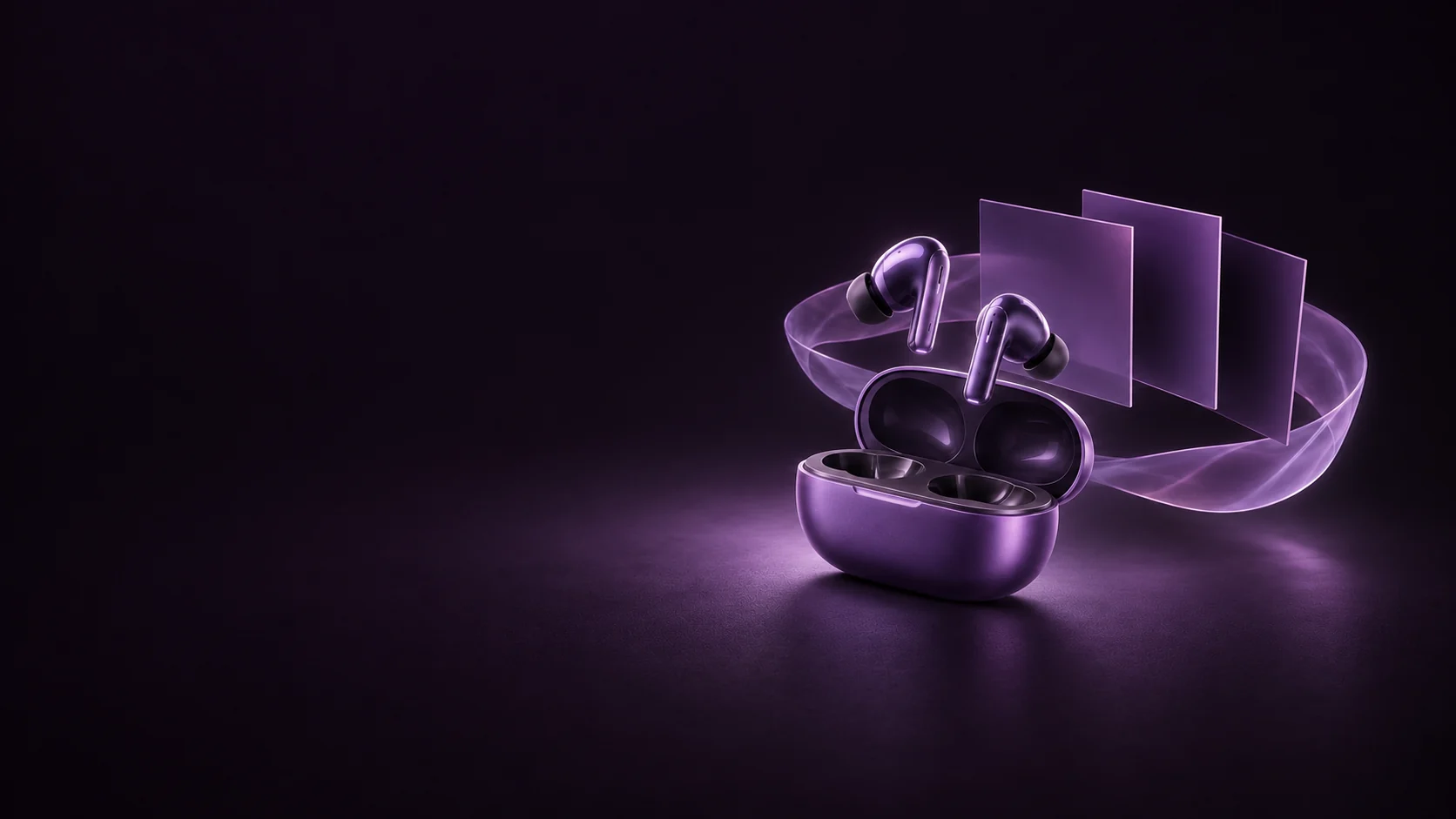 Violet wireless earphones above an open case beside blank album-like panels and a translucent ribbon.