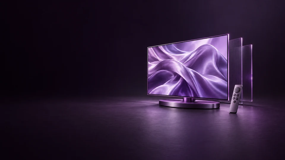 A violet-framed screen displaying abstract lavender silk, with a plain remote and offset translucent panels.