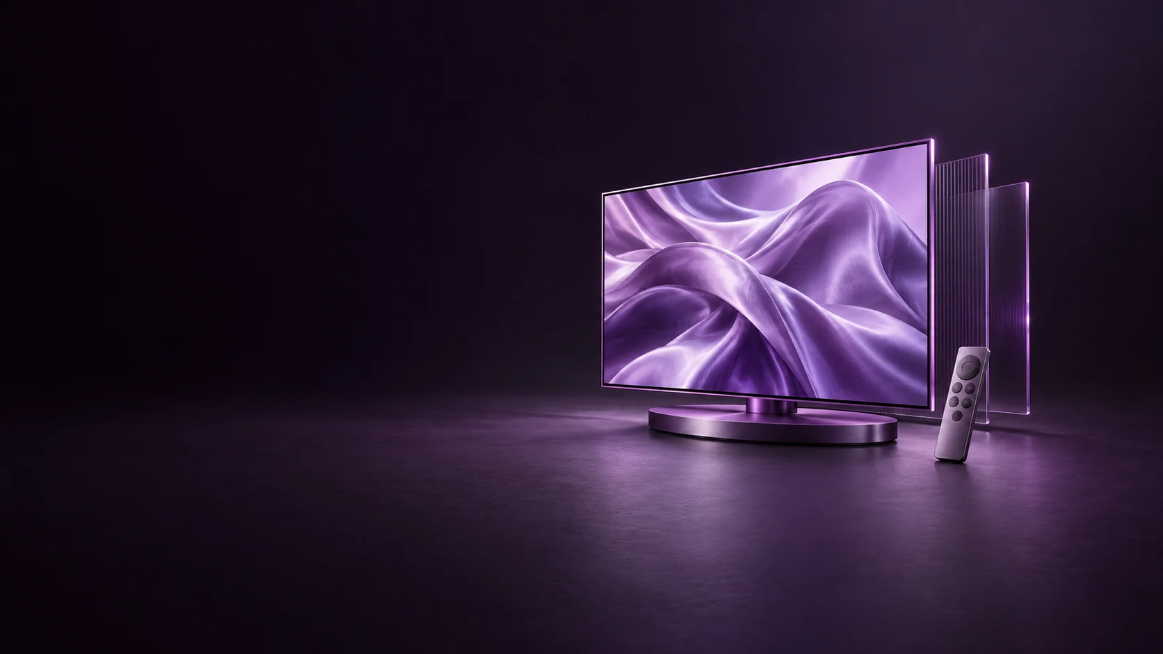 A violet-framed screen displaying abstract lavender silk, with a plain remote and offset translucent panels.