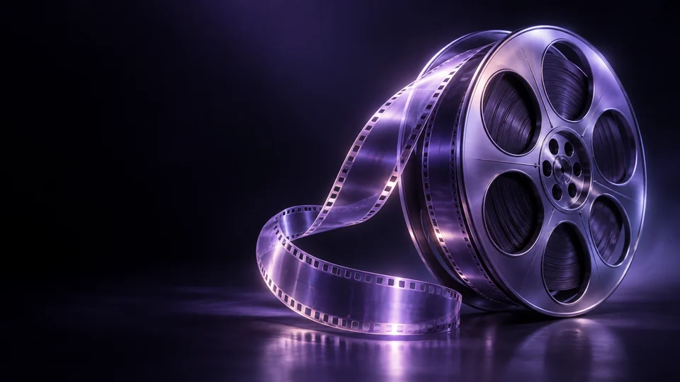 A violet metal film reel with a translucent film strip curling across a dark surface.