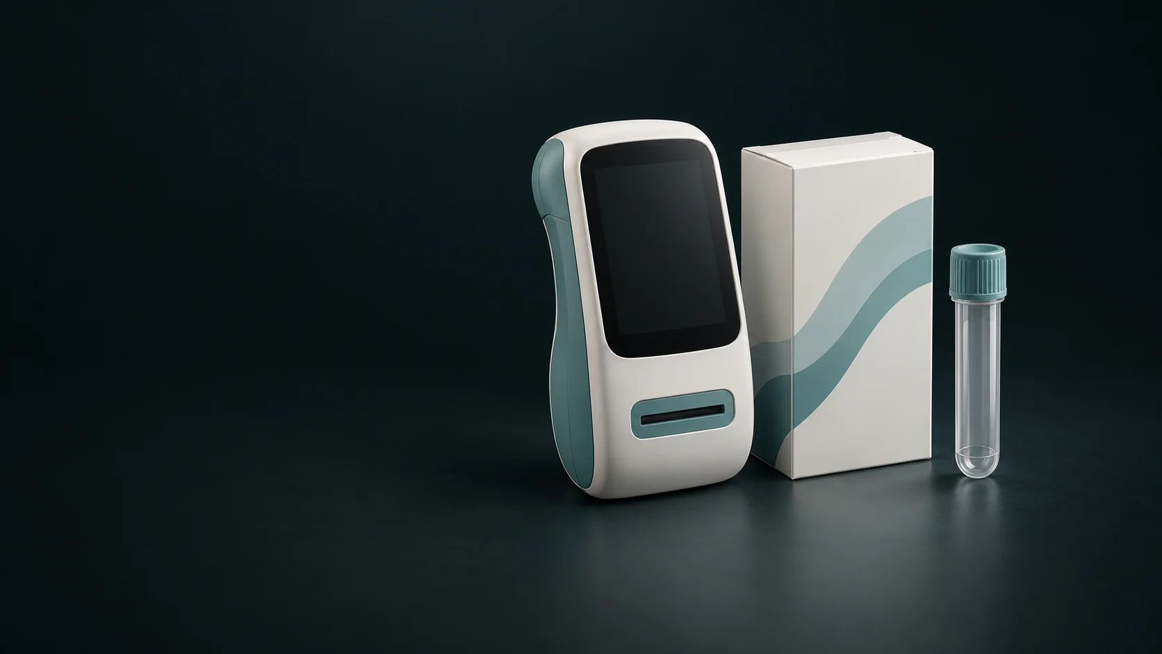 An unbranded handheld diagnostic reader with inactive screen beside a closed kit carton and empty capped collection tube.