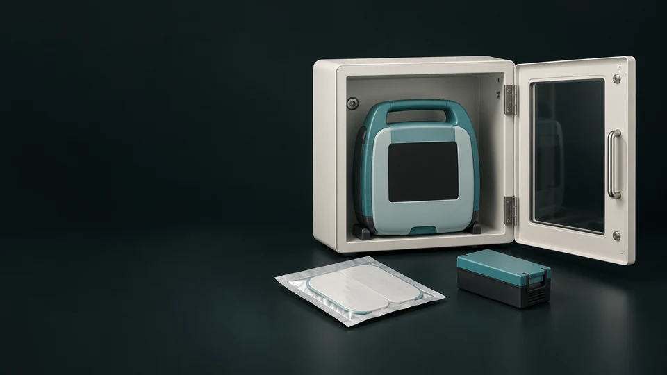 An open cabinet containing an inactive AED, with a sealed pad packet and separate battery.