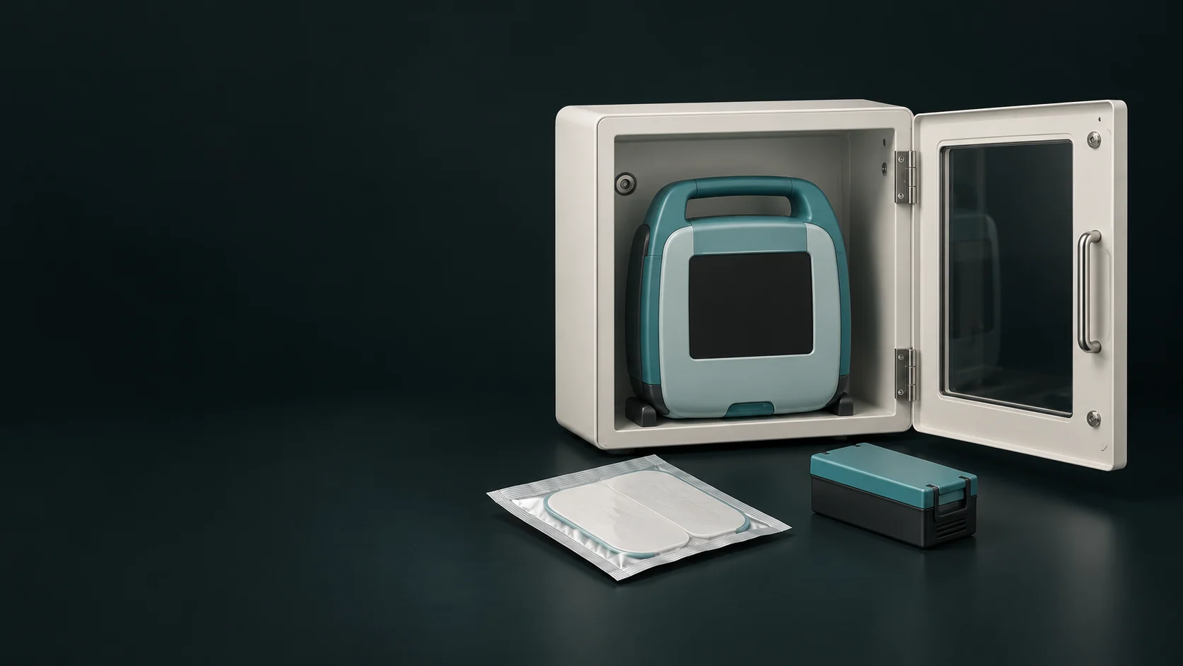 An open cabinet containing an inactive AED, with a sealed pad packet and separate battery.