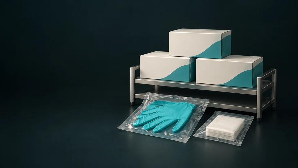 Three plain supply cartons on a metal shelf with sealed glove and gauze packets.