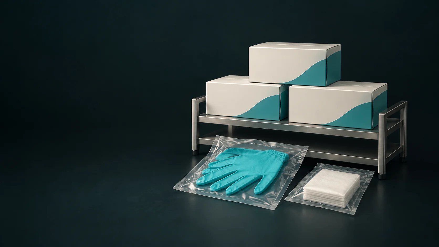 Three plain supply cartons on a metal shelf with sealed glove and gauze packets.