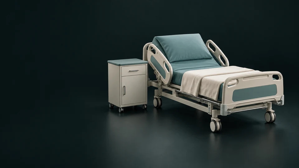 An empty adjustable hospital bed with teal mattress, folded blanket and a bedside cabinet.
