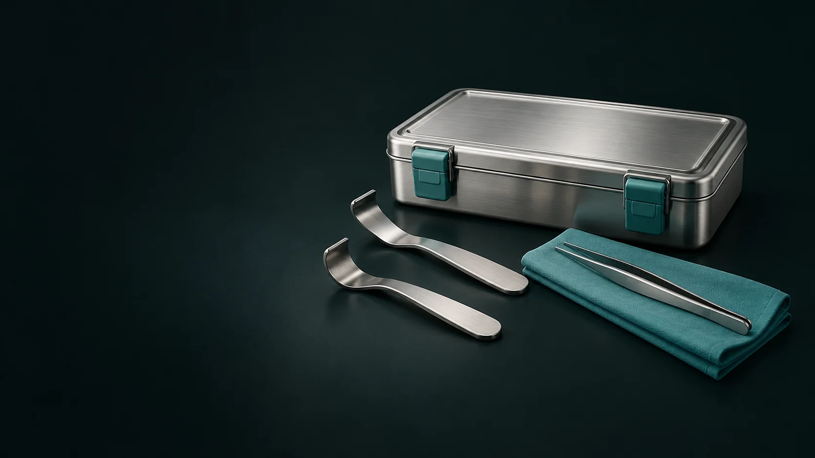 A closed metal instrument case, two smooth hand retractors and spring forceps beside folded teal cloth.