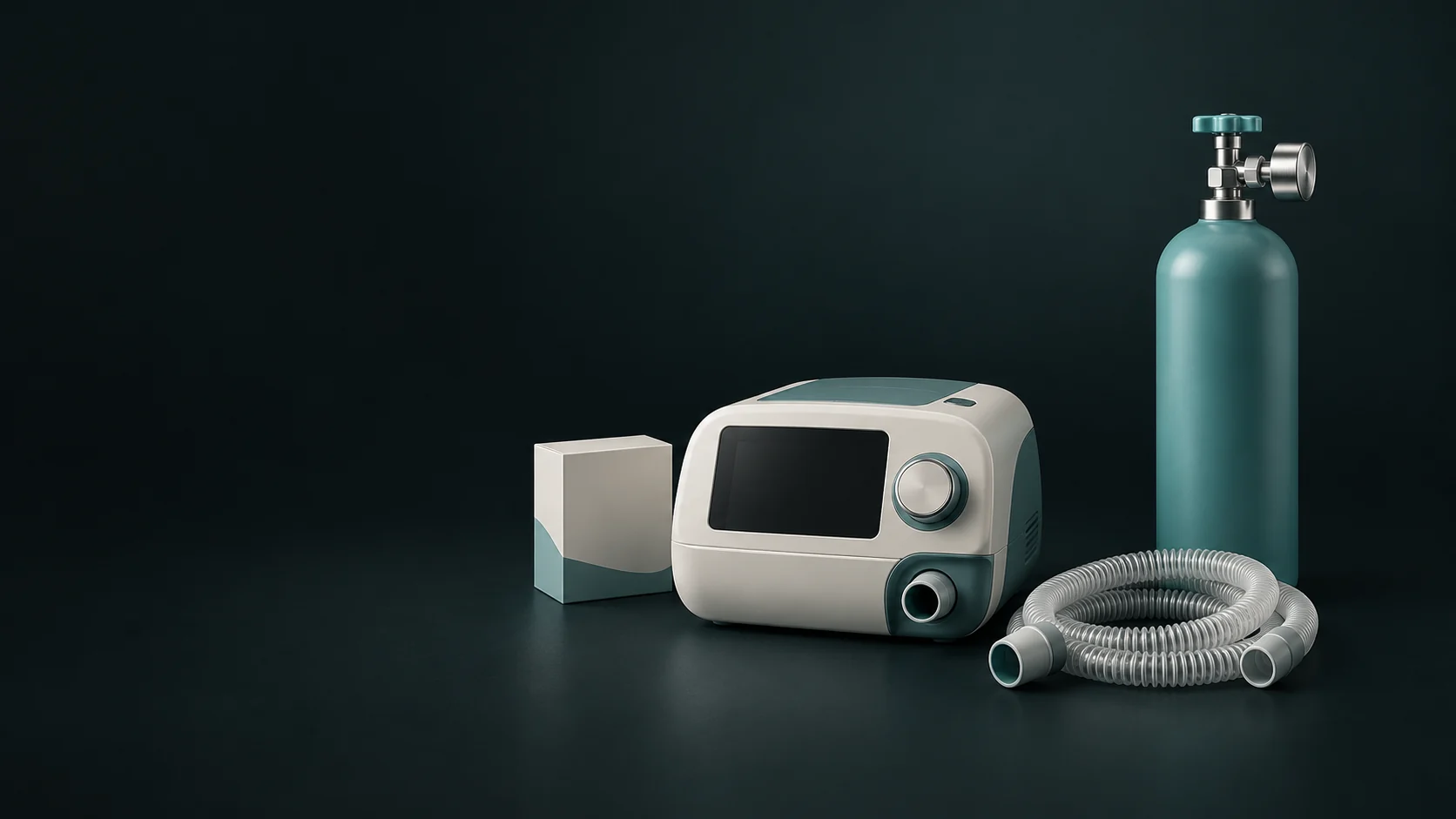 An inactive CPAP unit, separate carton, disconnected coiled hose and unmarked upright oxygen cylinder.