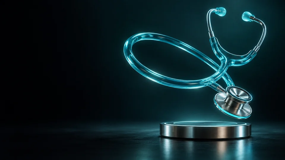 A cyan translucent stethoscope with a silver chestpiece above a round metal base.