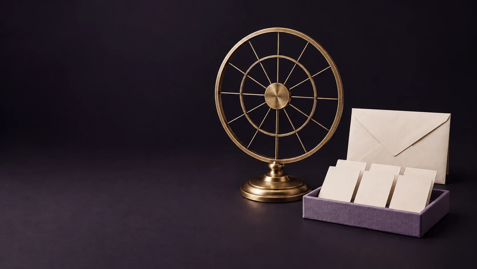 An unmarked brass astrology wheel beside a blank ivory report envelope and cards in a mauve tray.