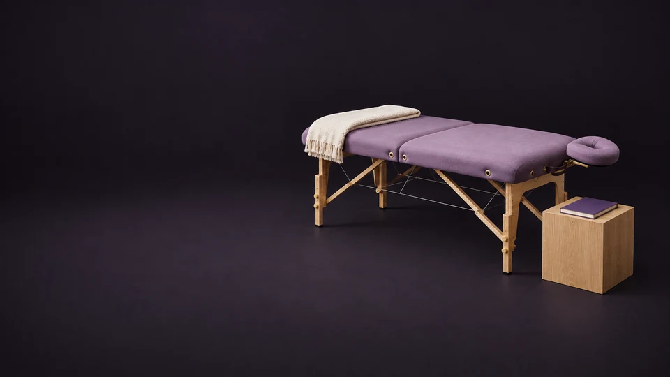 An empty mauve session table with a folded ivory blanket and a separate blank class notebook on an oak stand.