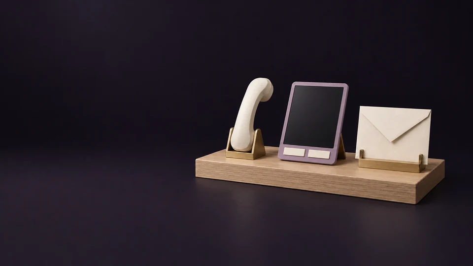 An ivory handset, a blank mauve communication tablet and a plain paper envelope on an oak counter.