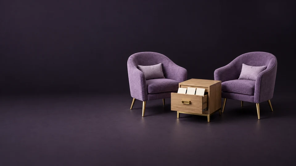Two empty amethyst conversation chairs beside an open oak drawer containing blank profile cards.