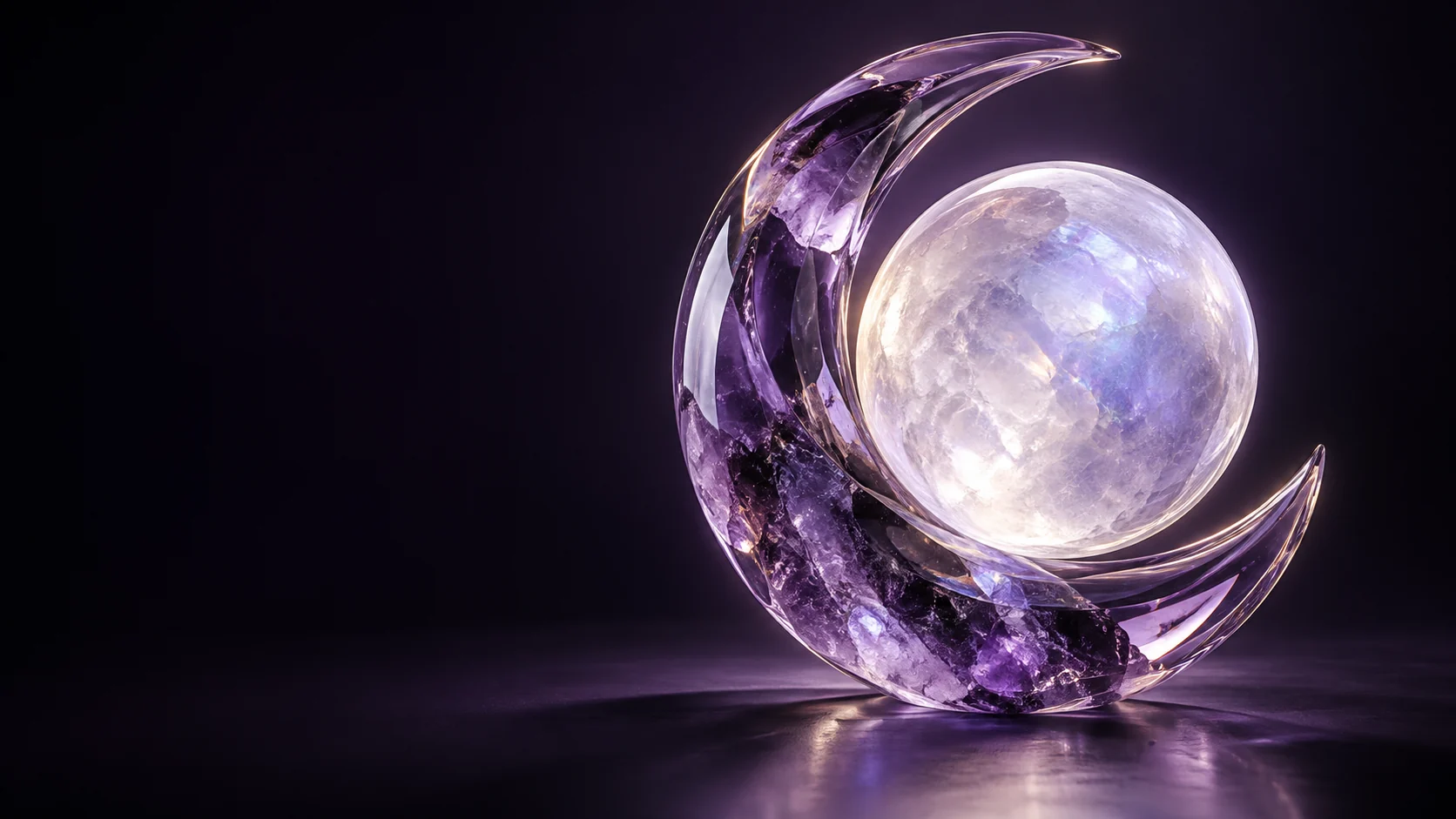 An amethyst glass crescent curves around a pale translucent sphere on a dark violet surface.