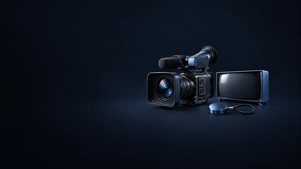A blue broadcast camera, blank television receiver and unmarked provider-key fob.