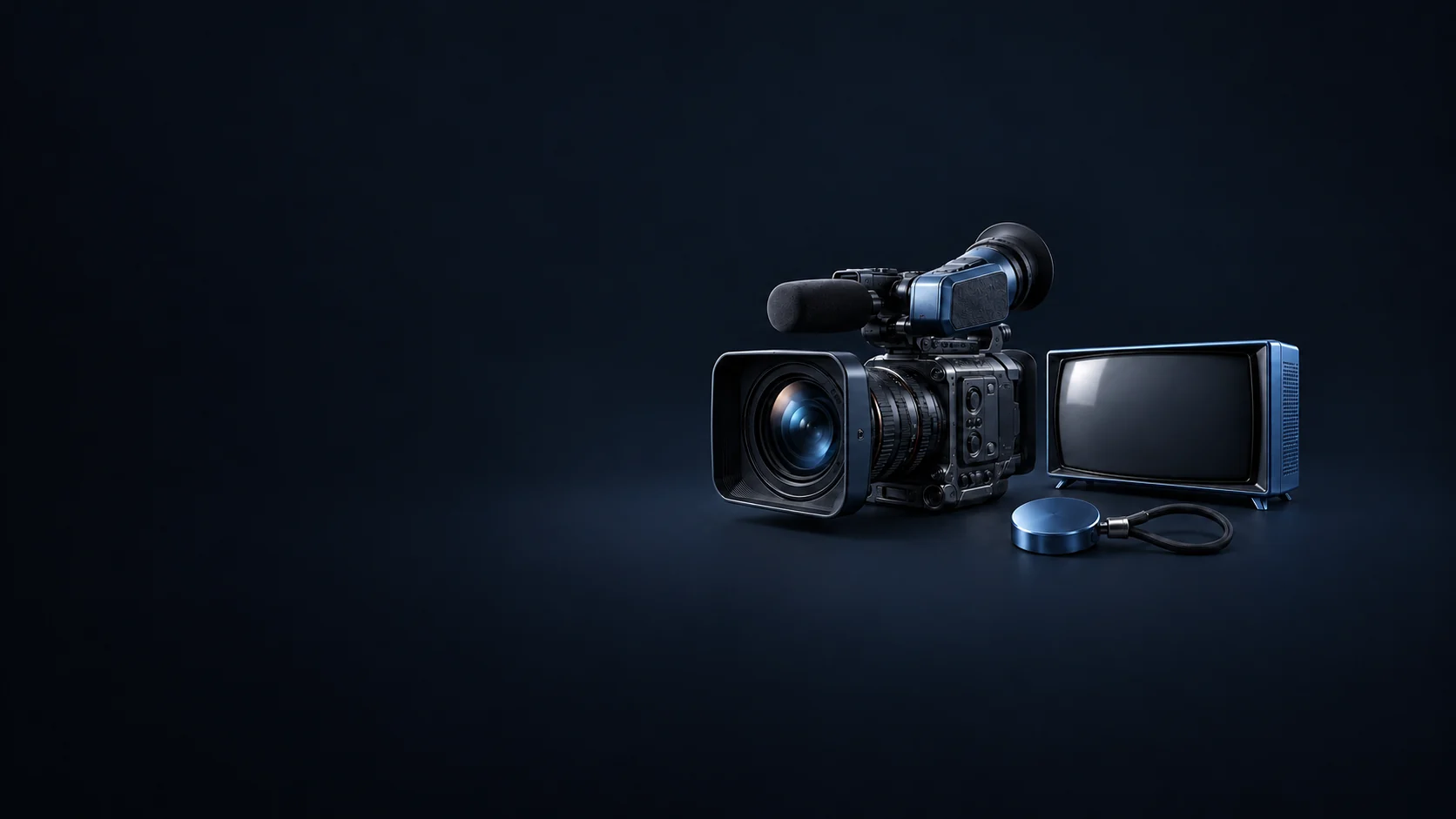 A blue broadcast camera, blank television receiver and unmarked provider-key fob.