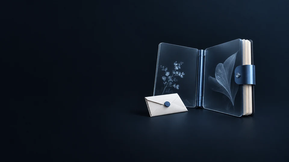 An open glass reading folio with botanical decoration, a metal clasp and a separate envelope.