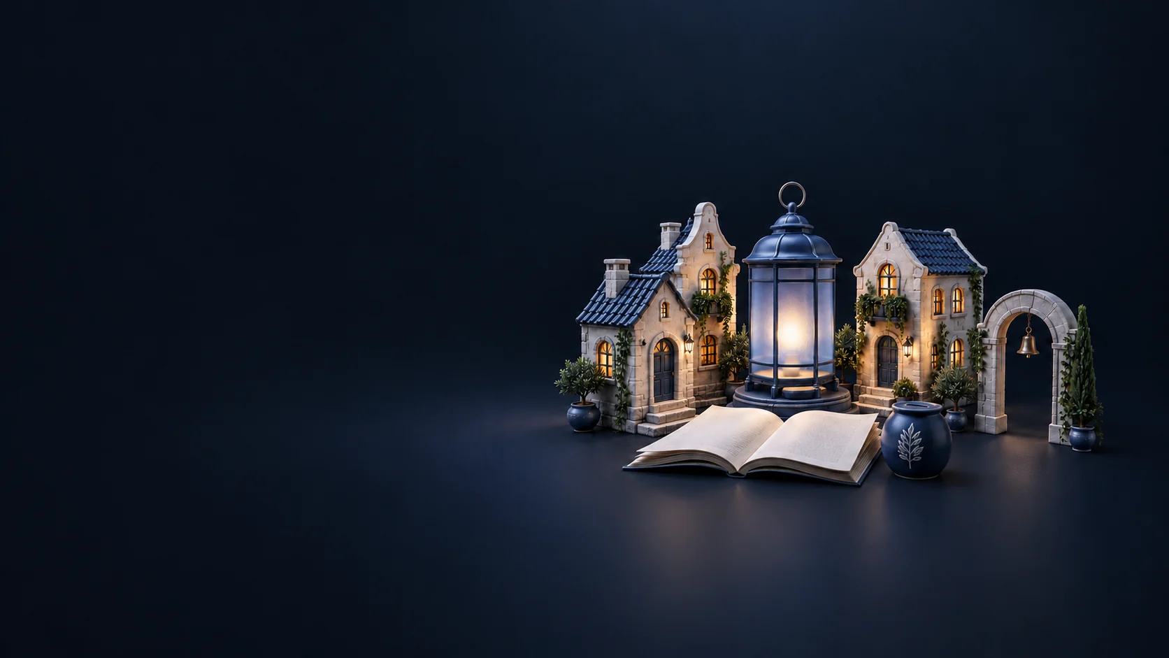 A miniature neighborhood around a glowing lantern, open folio, contribution vessel and separate stone arch.