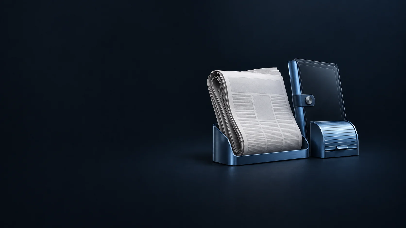A folded newspaper in a metal doorstep cradle beside a glass reading folio and closed delivery shutter.
