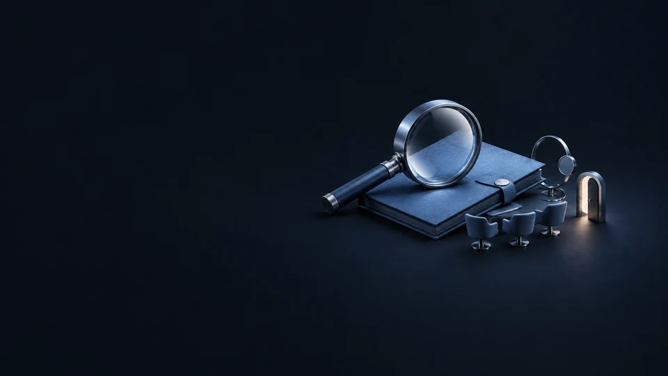 A magnifier on a blue topic dossier beside three miniature team seats, a monitoring loop and demo doorway.