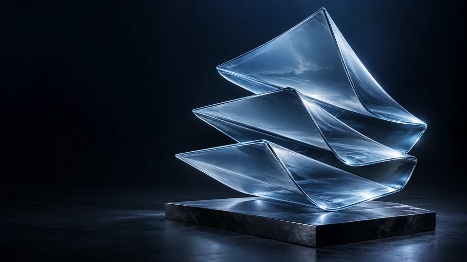 Three curved blue glass sheets arranged above a rectangular dark stone base.