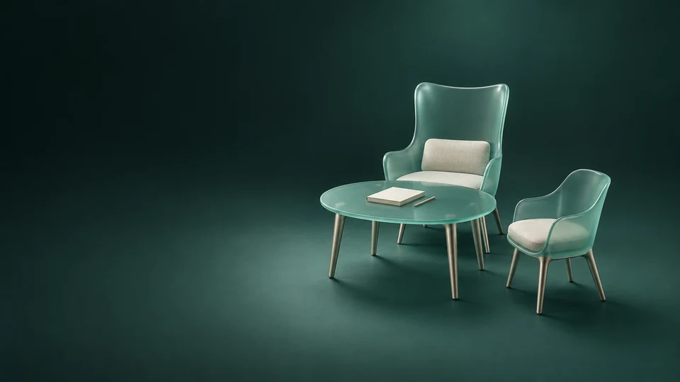 Two empty sea-green consultation chairs beside a rounded table and blank youth workbook.