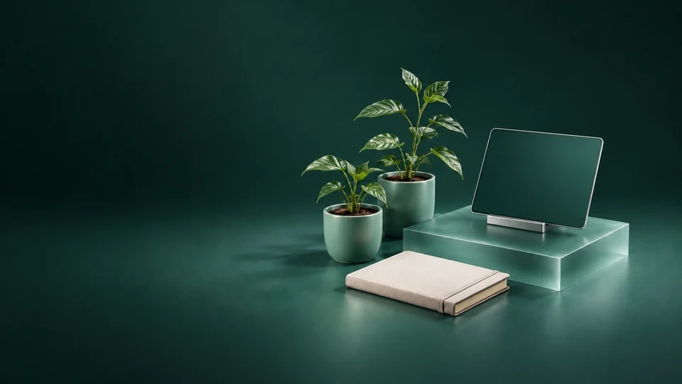 Two potted seedlings beside a blank-screen tablet on a stand and a closed field notebook.