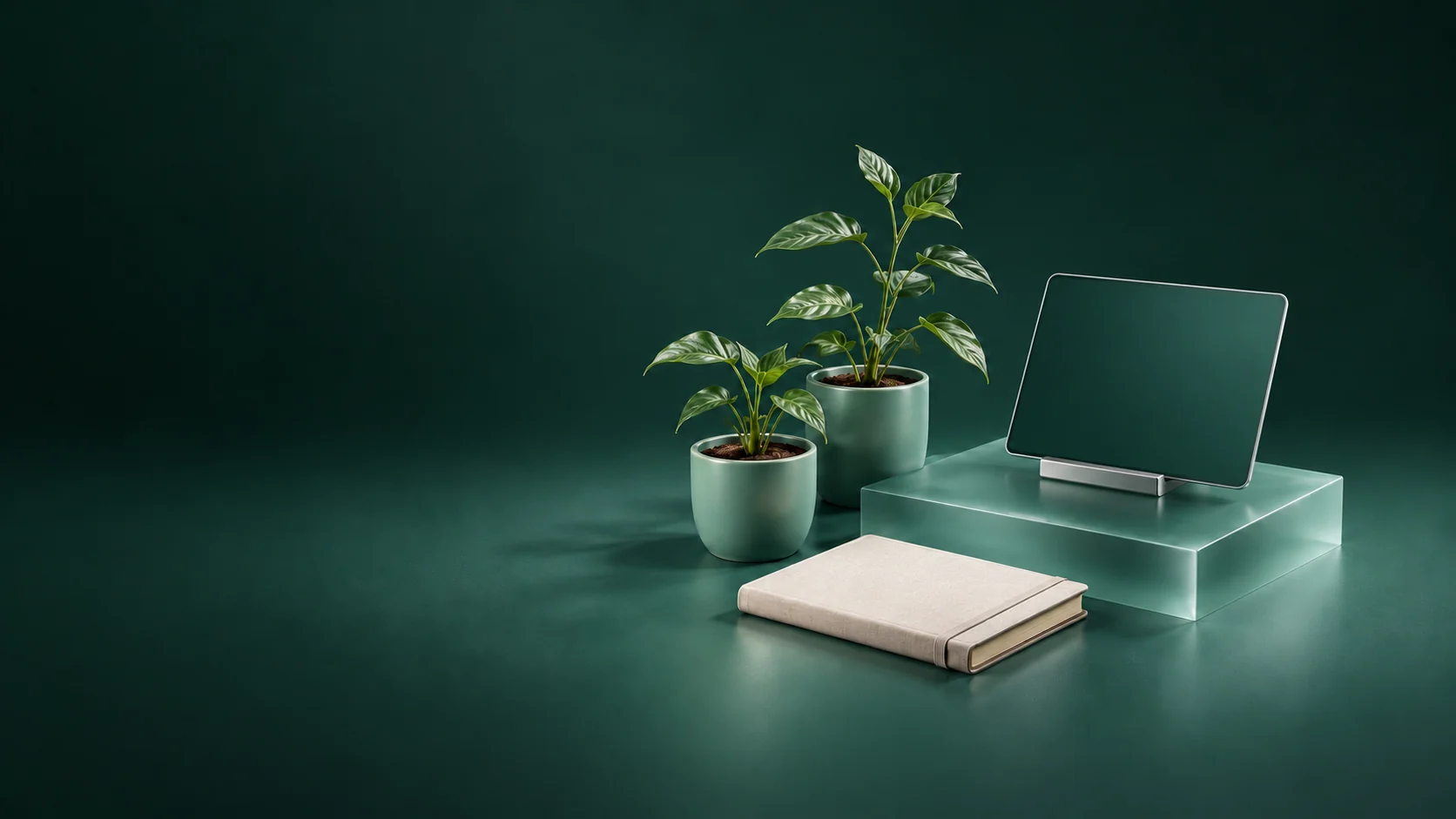 Two potted seedlings beside a blank-screen tablet on a stand and a closed field notebook.