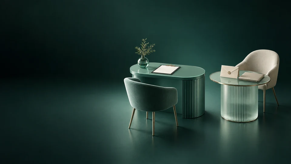 Two separate desks hold a blank appointment clipboard and a giving envelope with folio.