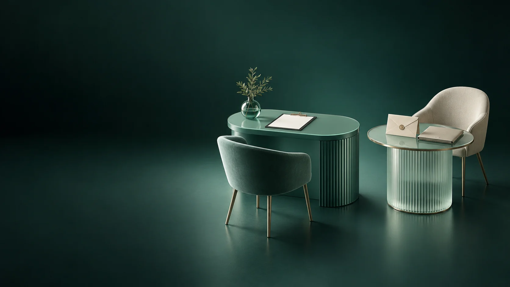 Two separate desks hold a blank appointment clipboard and a giving envelope with folio.