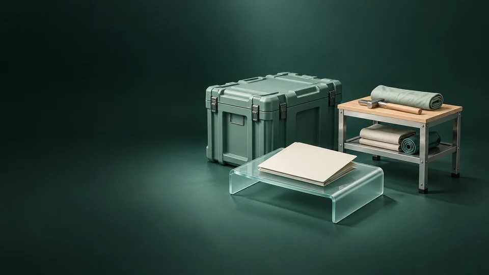 A closed relief case, blank folder on a glass stand and separate repair workbench.