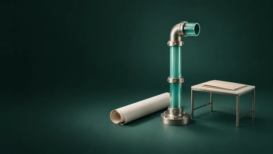 A glass-and-pewter pipe model beside a rolled blank plan and a small operations desk.