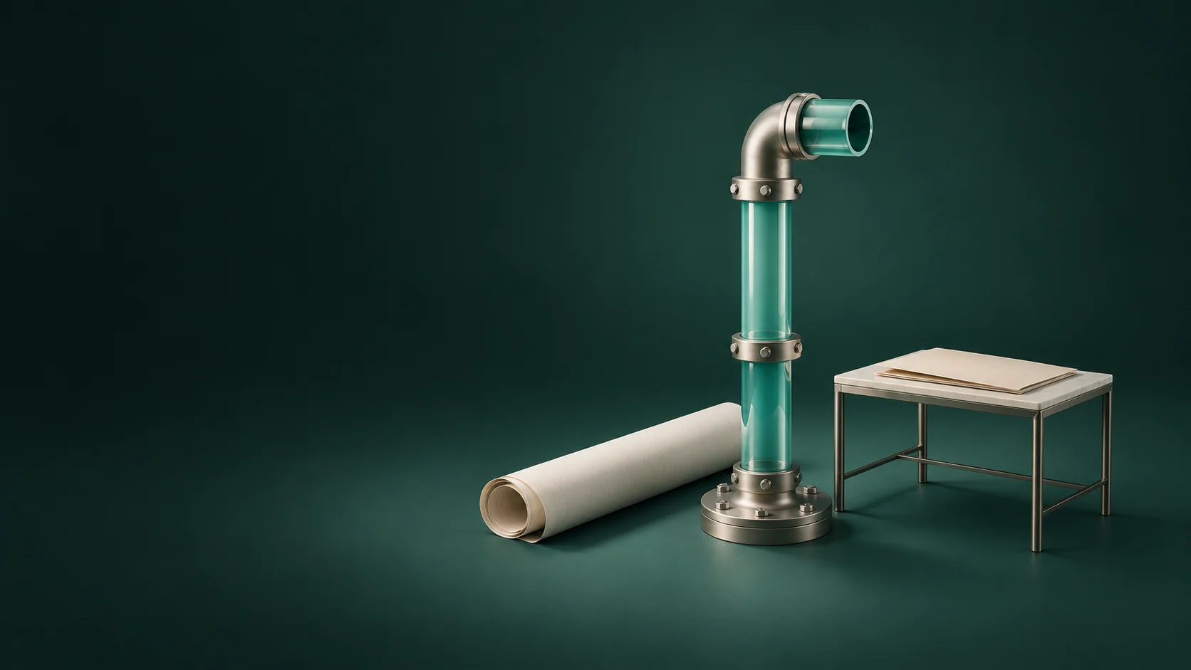 A glass-and-pewter pipe model beside a rolled blank plan and a small operations desk.