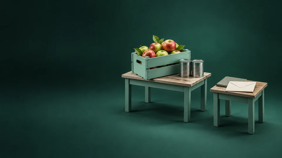 A table with apples and plain tins stands apart from a smaller desk with a blank envelope.