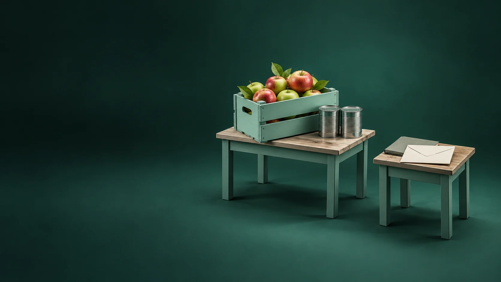 A table with apples and plain tins stands apart from a smaller desk with a blank envelope.